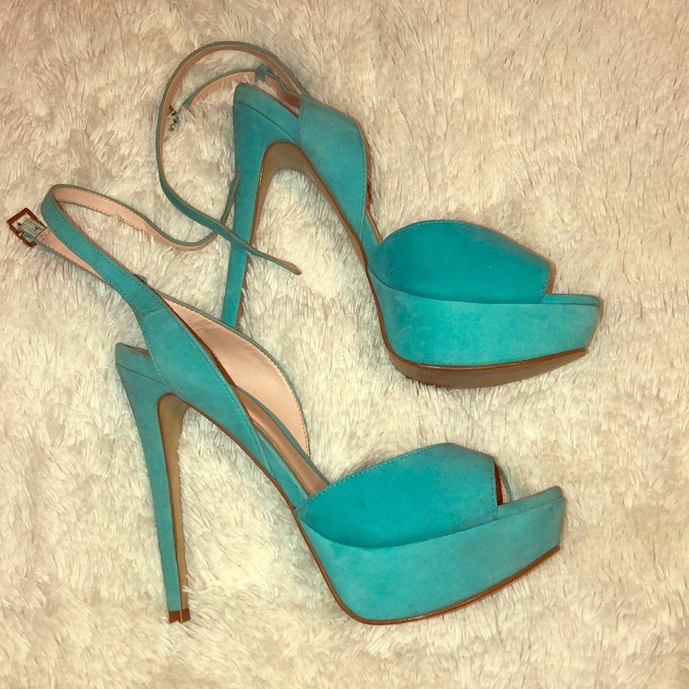 Teal blue ankle lace heels